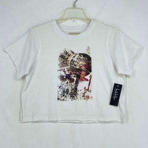 Nicole Miller Collection Womens Small Cropped T-Shirt White Music Graphic Guitar